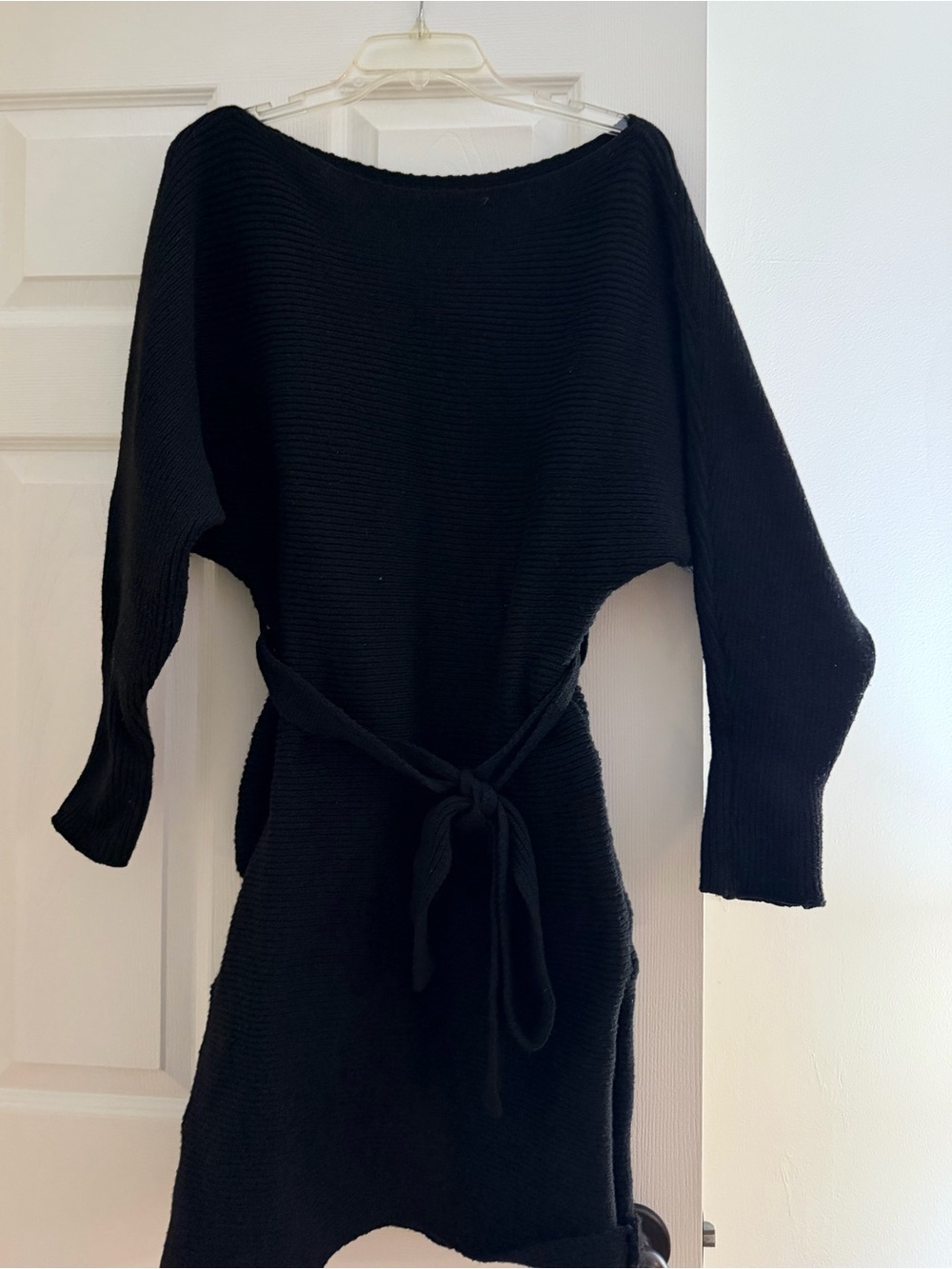 SHEIN Black Off-Shoulder Knit Belted Sweater Dress